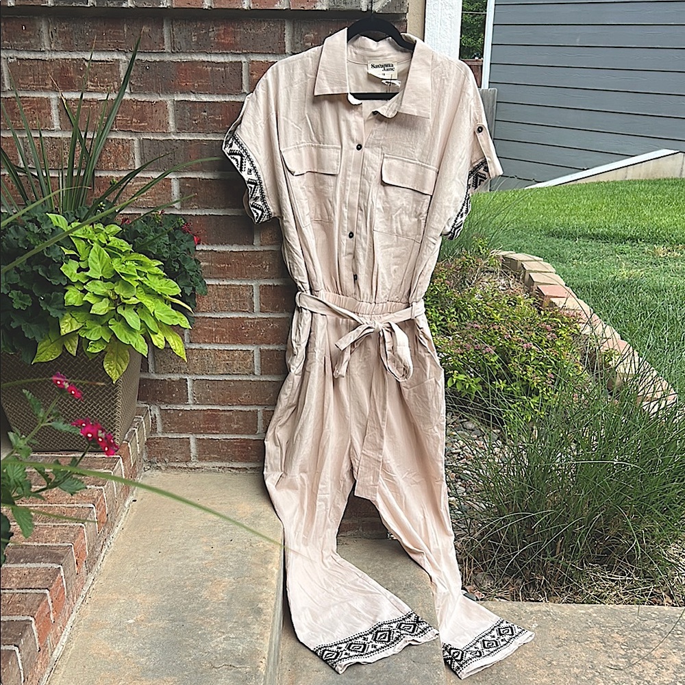 Savanna Jane Ladies 1X Cream and Black Utility Full Length Jumpsuit